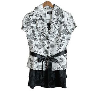 Adrianna Papell Evening Womens Floral Skirt Suit 14 Black White Party Ruffled
